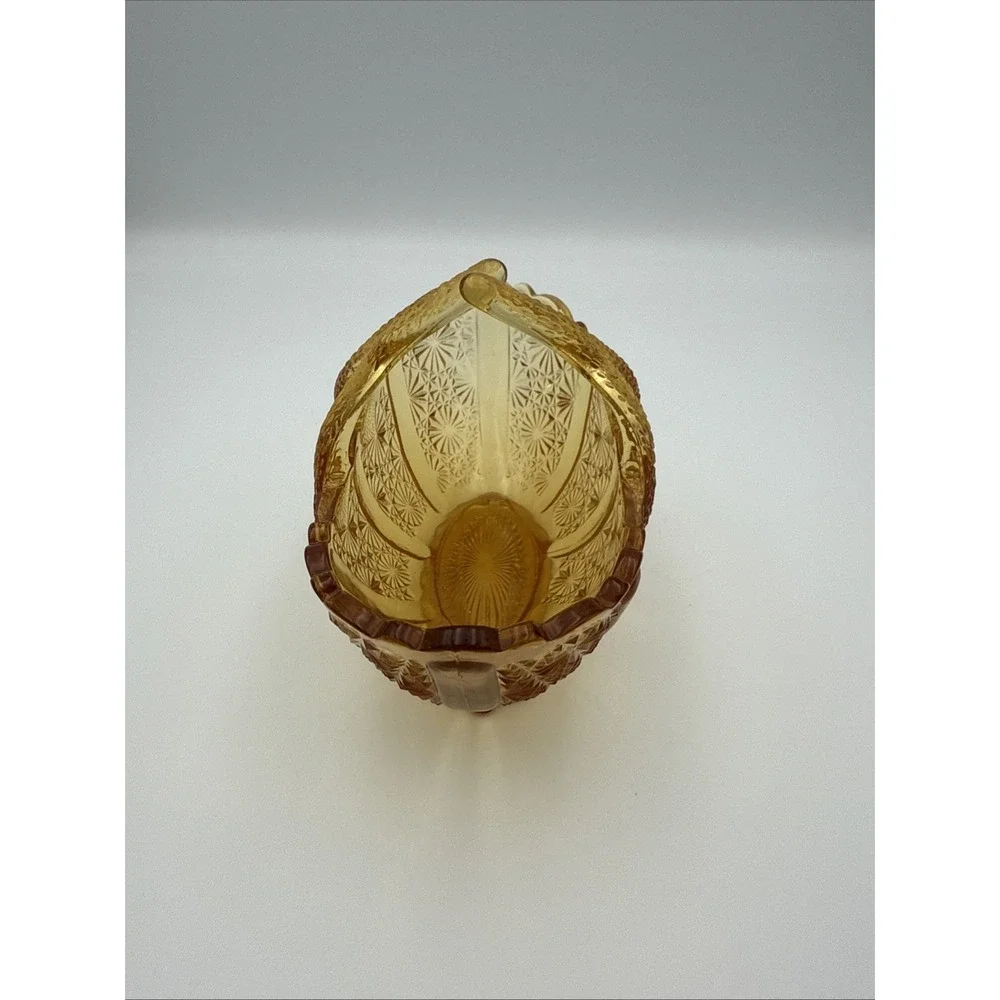 Vintage Fenton Honey Amber Daisy Button Glass Basket Dish with Split Twig Handle